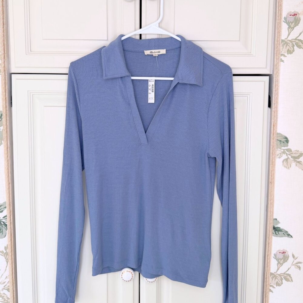 Madewell Blue Ribbed Long Sleeve Polo Top M NWT